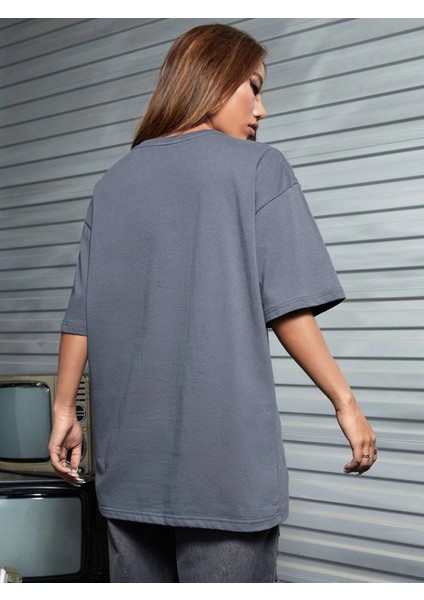 Karikatürist Baskılı Füme Oversize T-Shirt Salaş Boyfirend modelleri