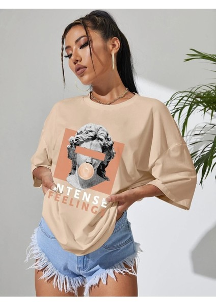 Intense Felling Baskılı Kadın Oversize Salas T-Shirt Boyfriend