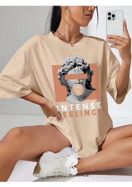 Intense Felling Baskılı Kadın Oversize Salas T-Shirt Boyfriend modelleri