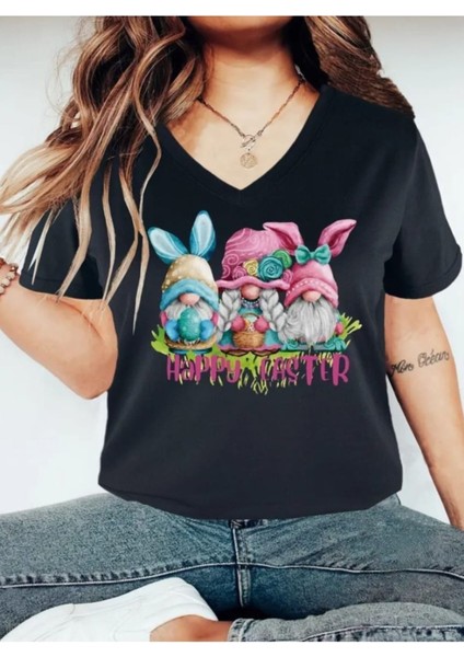 Kadın Baskılı Kadın Oversize V Yaka T-Shirt Salaş