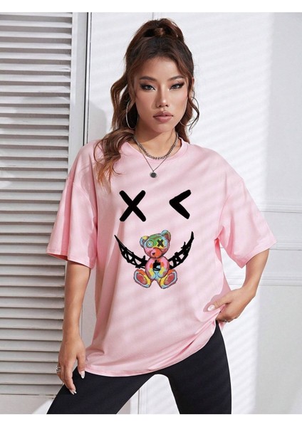 Ayıcık x Baskılı Kadın Oversize Salas T-Shirt Boyfriend modelleri