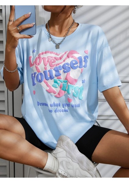 Love Yourself Baskılı Bebek Mavisi Oversize T-Shirt Salaş Boyfirend