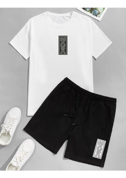 Unisex Nasa Minimal Baskılı Oversize T-Shirt ve Şort Kombin