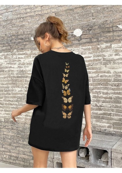 Butterflies Baskılı Kadın Oversize Salaş T-Shirt Boyfirend