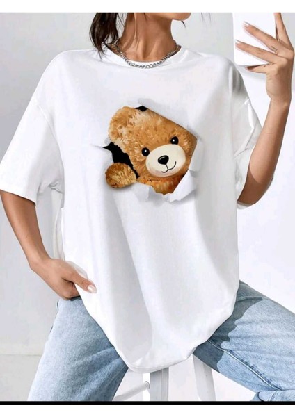 Kadın Sevimli Ayı Baskılı Oversize Salaş Beyaz T-Shirt Ünisex Boyfirend