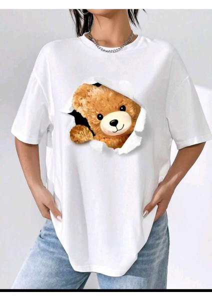 Kadın Sevimli Ayı Baskılı Oversize Salaş Beyaz T-Shirt Ünisex Boyfirend modelleri
