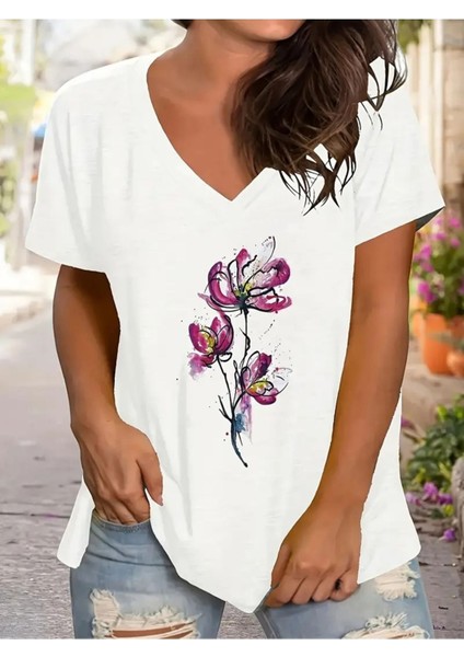 Kadın Baskılı Kadın Oversize V Yaka T-Shirt Salaş