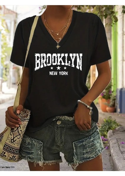 Kadın Baskılı Kadın Oversize V Yaka T-Shirt Salaş