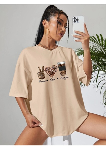 Peace Love Coffe Baskılı Oversize T-Shirt Salaş Boyfirend