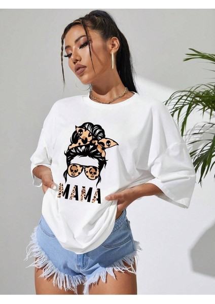 Mama Leopar Baskılı Oversize T-Shirt Salaş Boyfirend