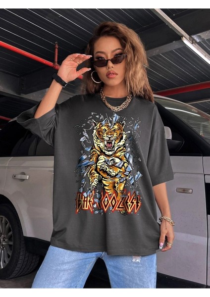Füme Oversize T-Shirt Tiger Letter Baskılı fırsatları