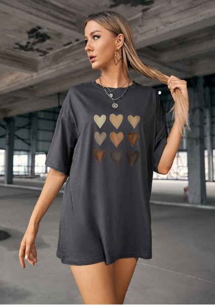 Kadın Kalp Baskılı Oversize T-Shirt