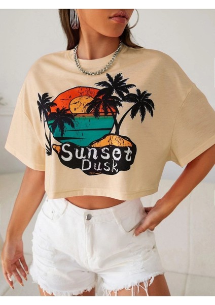 Kadın Crop Oversize Sunset Dusk Baskılı
