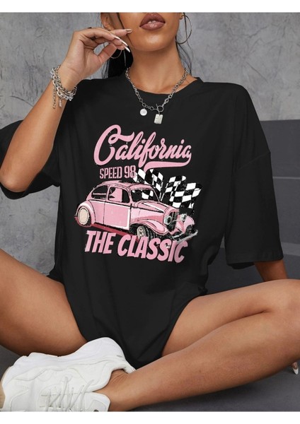 Classıc Car Baskılı Kadın Oversize Salaş T-Shirt Boyfirend