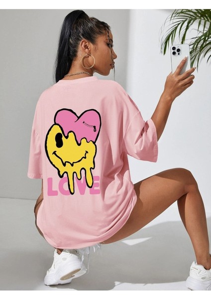 Pink Love Baskılı Pembe Oversize Salas Boyfriend Kadın T-Shirt Top Bluz modelleri