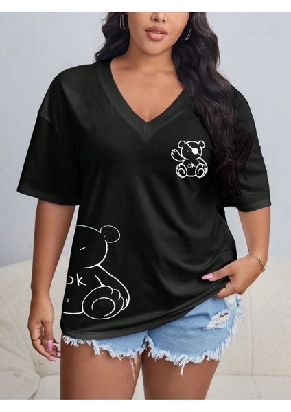 V Yaka Düz & Baskılı Siyah / Beyaz Oversize T-Shirt Salaş Boyfirend