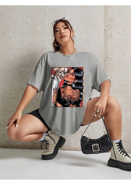 Skeleton Baskılı Kadın Oversize Salaş T-Shirt Boyfirend