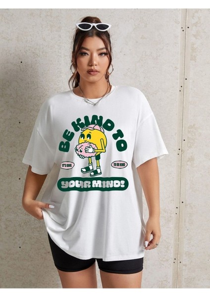 Kind To Baskılı Kadın Oversize Beyaz Salaş T-Shirt Boyfriend