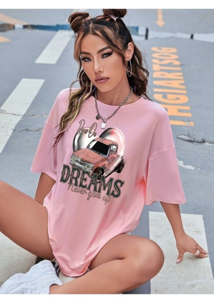Never Give Up Baskılı Pembe Oversize Salas Boyfriend Kadın T-Shirt Top Bluz