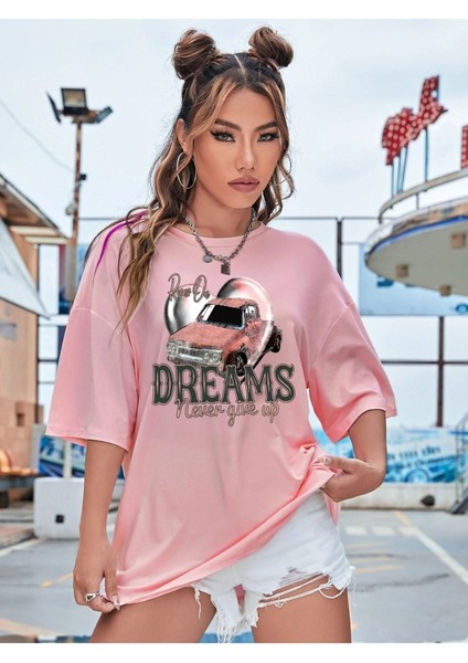 Never Give Up Baskılı Pembe Oversize Salas Boyfriend Kadın T-Shirt Top Bluz fırsatları