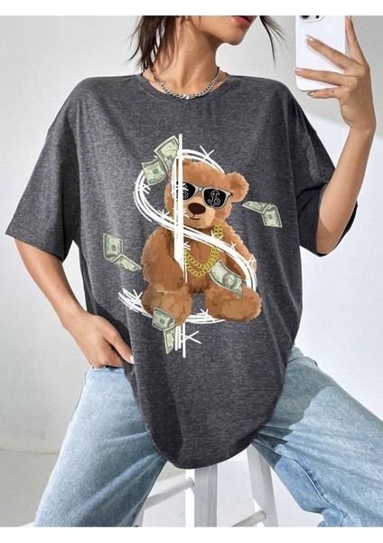 Dolar Bear Baskılı Oversize T-Shirt Salaş Boyfirend