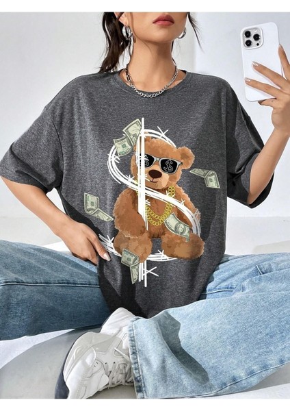 Dolar Bear Baskılı Oversize T-Shirt Salaş Boyfirend modelleri