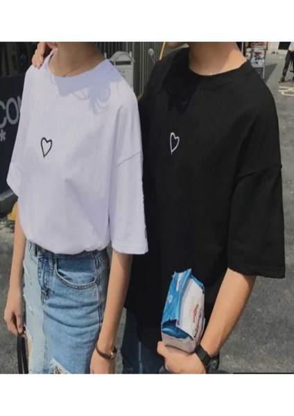 Kalp Baskılı 2'li Takım Kombin Oversize Salas T-Shirt Boyfriend