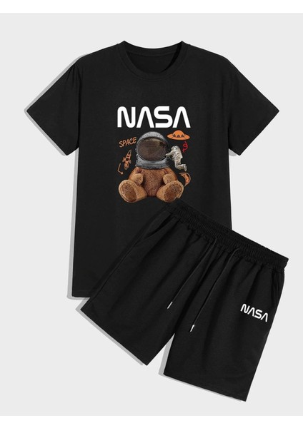 Unisex Siyah Nasa Ayıcık Baskılı Oversize T-Shirt ve Şort Kombin