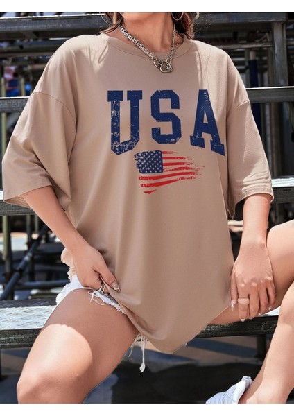 Usa Amerika Baskılı Oversize T-Shirt Salaş Boyfirend