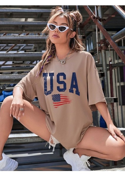 Usa Amerika Baskılı Oversize T-Shirt Salaş Boyfirend fiyatları