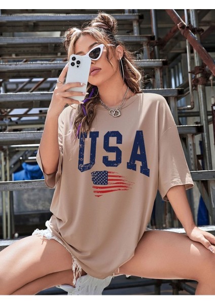 Usa Amerika Baskılı Oversize T-Shirt Salaş Boyfirend fırsatları