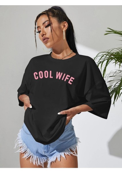 Coll Wife Baskılı Siyah Oversize Salaş T-Shirt Boyfirend fırsatları