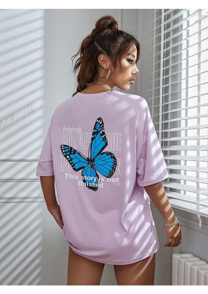 Kadın Lila Oversize Finished Bules Baskılı Basic T-Shirt