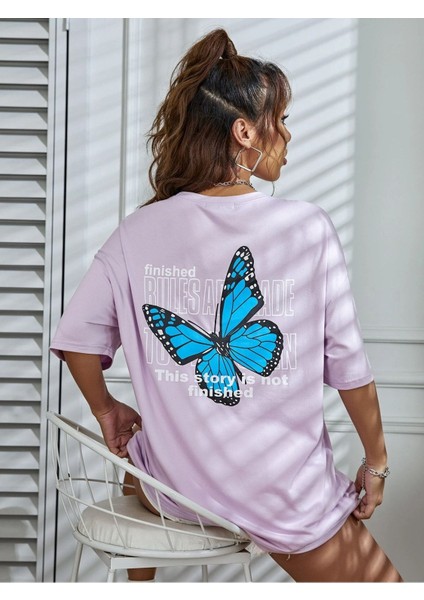 Kadın Lila Oversize Finished Bules Baskılı Basic T-Shirt modelleri