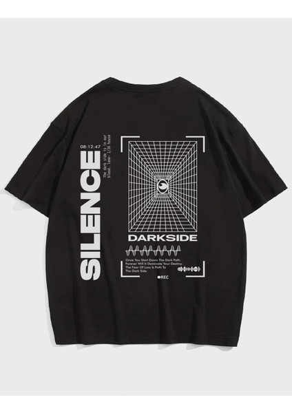 Unisex Siyah Silence Baskılı Oversize T-Shirt