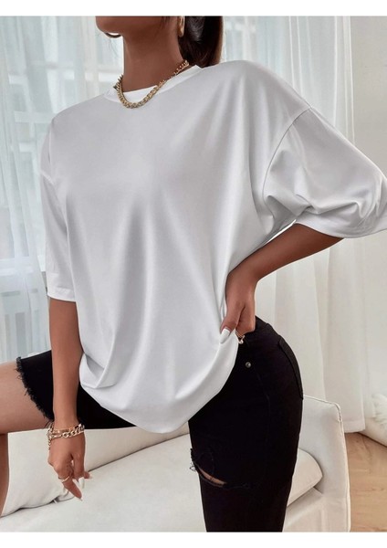 Beyaz Oversize T-Shirt Be Happy Baskılı modelleri