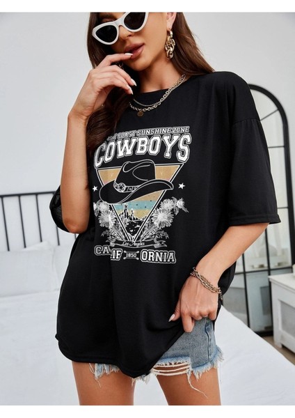 Cowboys Baskılı Kadın Oversize Salas T-Shirt Boyfriend