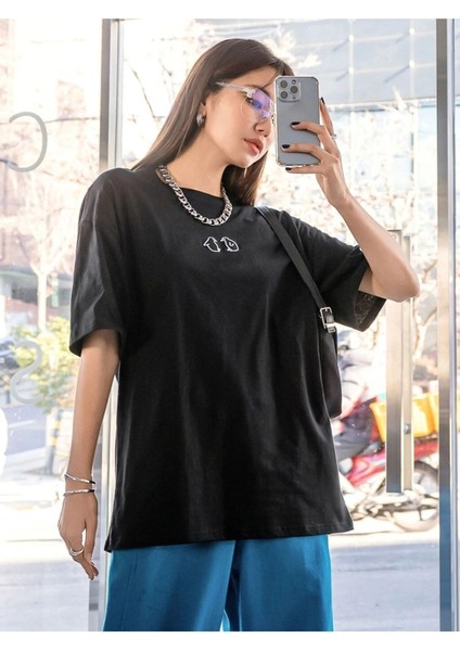 Minik 2 Penguen Baskılı Oversize T-Shirt Salaş Boyfirend