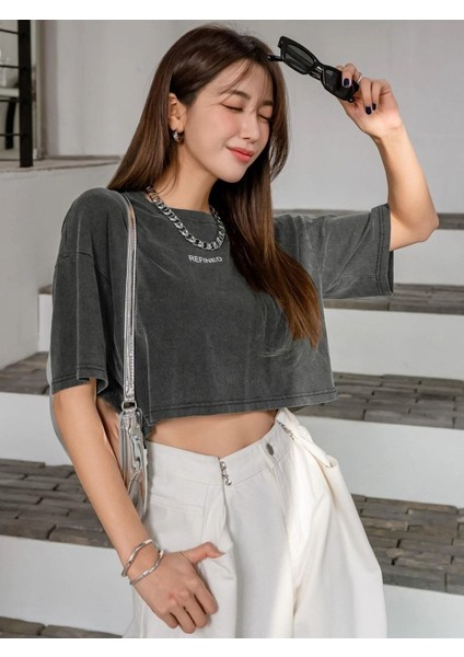 Kadın Crop Oversize Refıned Baskılı Baskılı