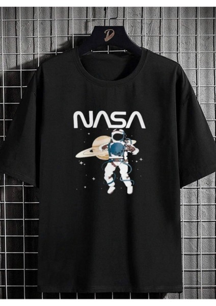 Unisex Siyah Oversize Nasa Astronot Baskılı T-Shirt