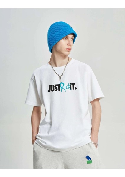 Unisex Beyaz Just Rick It Baskılı Oversize T-Shirt
