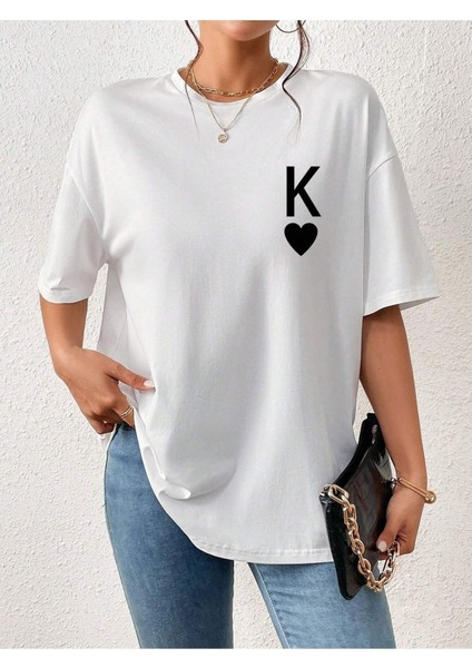 K Harfi Kalp Baskılı Beyaz Oversize T-Shirt Salaş Boyfirend