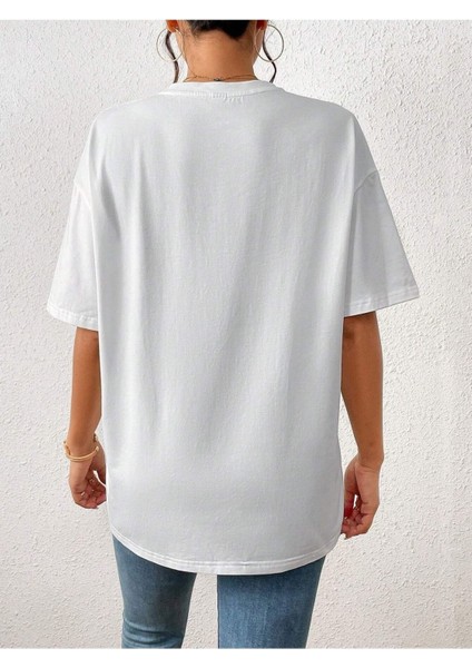 K Harfi Kalp Baskılı Beyaz Oversize T-Shirt Salaş Boyfirend fiyatları