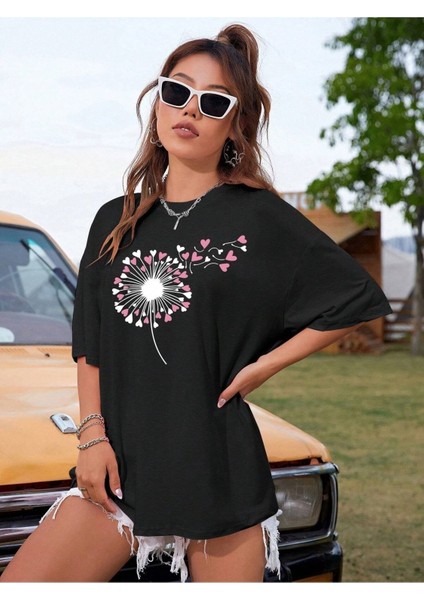 Karahindiba Baskılı Oversize T-Shirt Salaş Boyfirend