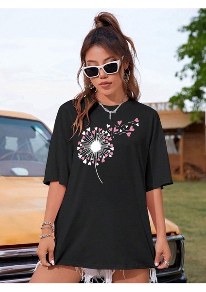 Karahindiba Baskılı Oversize T-Shirt Salaş Boyfirend modelleri