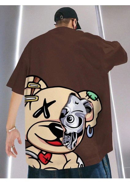 Crazy Bear Baskılı Oversize Erkek T-Shirt Salaş Boyfirend