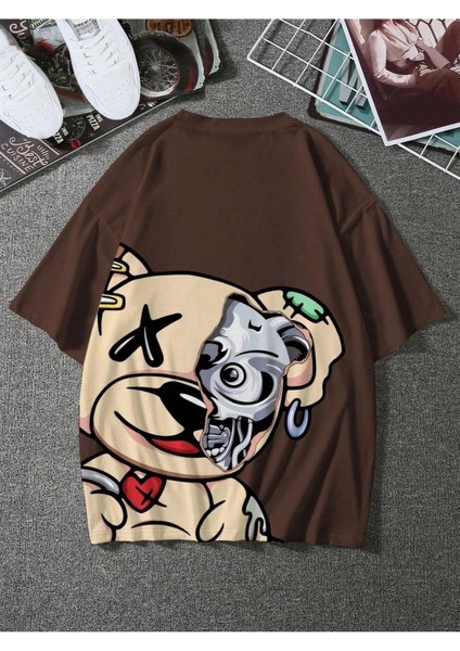 Crazy Bear Baskılı Oversize Erkek T-Shirt Salaş Boyfirend fiyatları