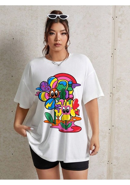 Graphic Drop Baskılı Beyaz Oversize T-Shirt Salaş Boyfirend