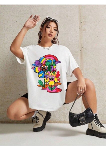 Graphic Drop Baskılı Beyaz Oversize T-Shirt Salaş Boyfirend