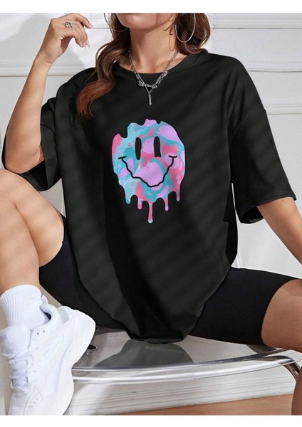 Melting Smile Baskılı Siyah Oversize T-Shirt Salaş Boyfirend